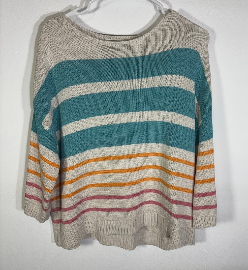 LOFT Striped Knit Sweater Womens Large L Multicolor Teal Orange Pink Open Knit